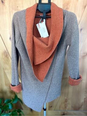 NWT A.IDA Made in Italy Wool Blend Asymmetric Drape Cardigan Jacket Rust Grey
